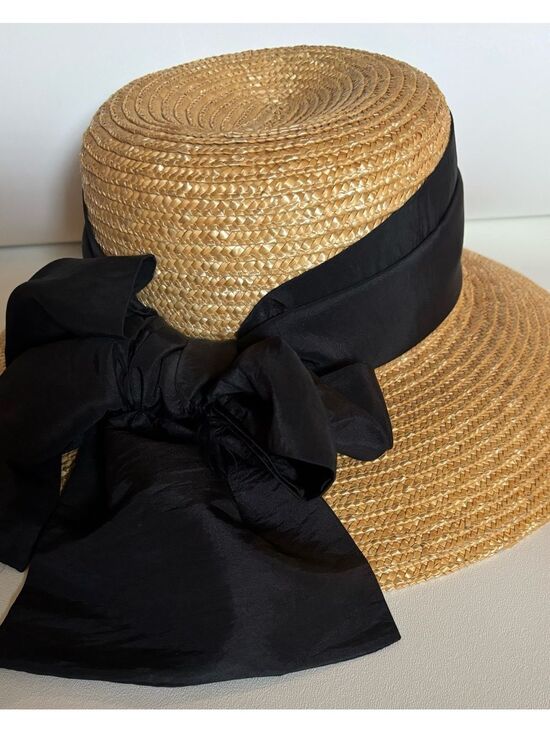 Vintage Giovannio Classic Straw Boater Hat ~ Dupioni Silk Ribbon Bow main image 8